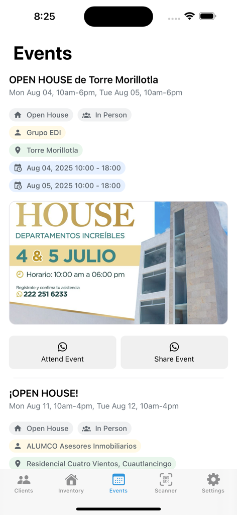 Propia - Aplicación móvil Propia que muestra eventos inmobiliarios y horarios de puertas abiertas.