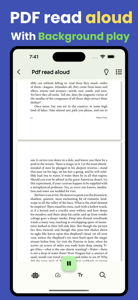 PDF read aloud - TTS - PDF読み上げアプリのテキスト読み上げインターフェースとバックグラウンド再生機能が表示されている