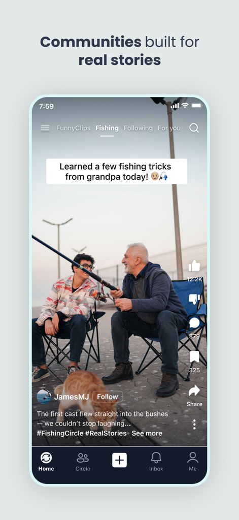 Scoopz: Your People Your Video - A screenshot of the Scoopz app showing a fishing video shared within a community circle