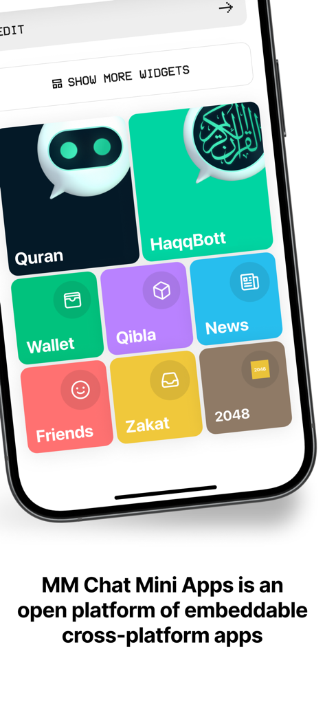 MM Chat: Muslim Social App - Uma tela de celular mostrando o ecossistema MM Chat com widgets coloridos de mini-aplicativos para Alcorão, HaqqBott, Qibla e Zakat.