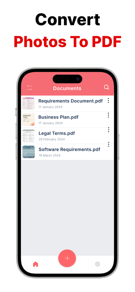 Photo to PDF - PicDoc - iPhone screen showing a list of PDF documents in the PicDoc app
