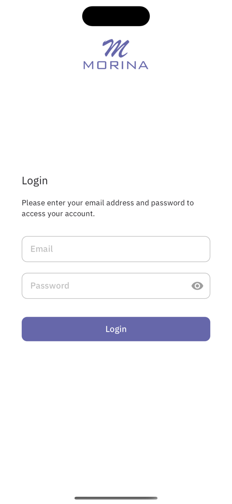 Morina Tablet Menu - Login screen for Morina Tablet Menu showing email and password input fields with the company logo