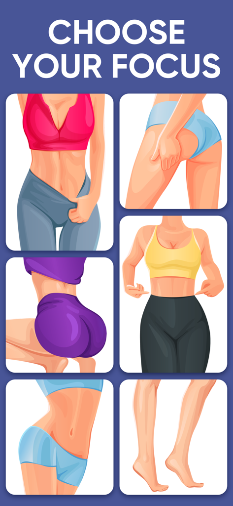 Fitness for Women by Fit & Hot - A screen from the Fitness for Women app titled Choose Your Focus with illustrations of different target body areas like abs, legs, and glutes.