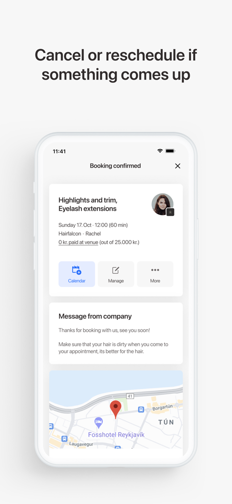 Pantalla de confirmación de reserva en la aplicación Noona que muestra detalles del servicio, un mapa de ubicación y opciones para reprogramar o cancelar.