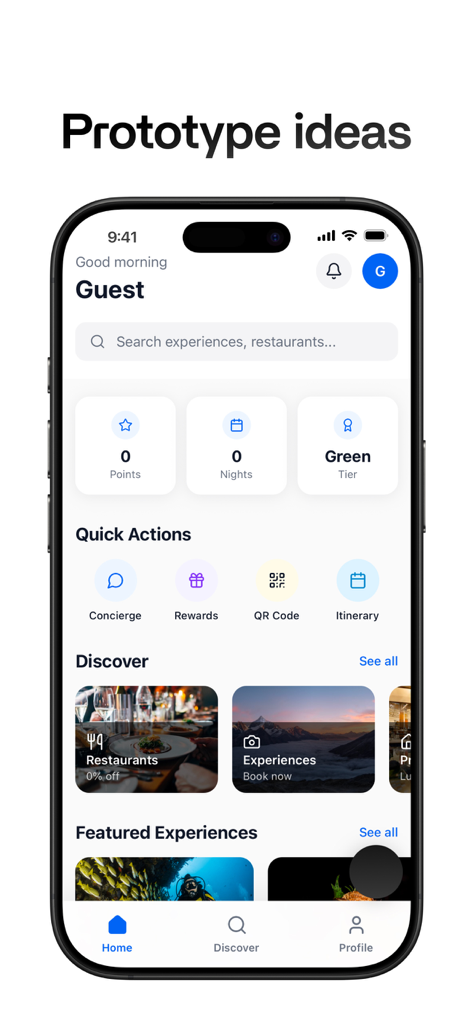 Rork - Ein Prototyp für die Benutzeroberfläche einer mobilen App für Reise- und Concierge-Dienste, erstellt mit Rork