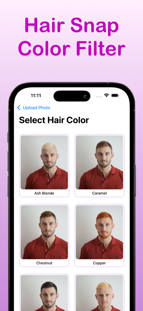 Haircut AI - Change Hair Color - NextHair app interface showing a male user selecting different AI generated hair colors like ash blonde and copper.