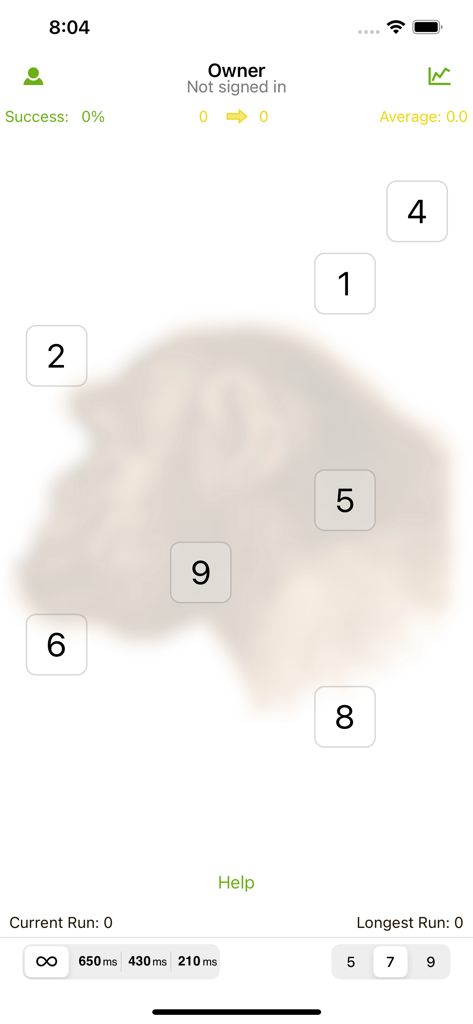 Ape Test - Captura de pantalla de la aplicación Ape Test que muestra una cuadrícula de números para memorizar con un fondo tenue de chimpancé y estadísticas del juego