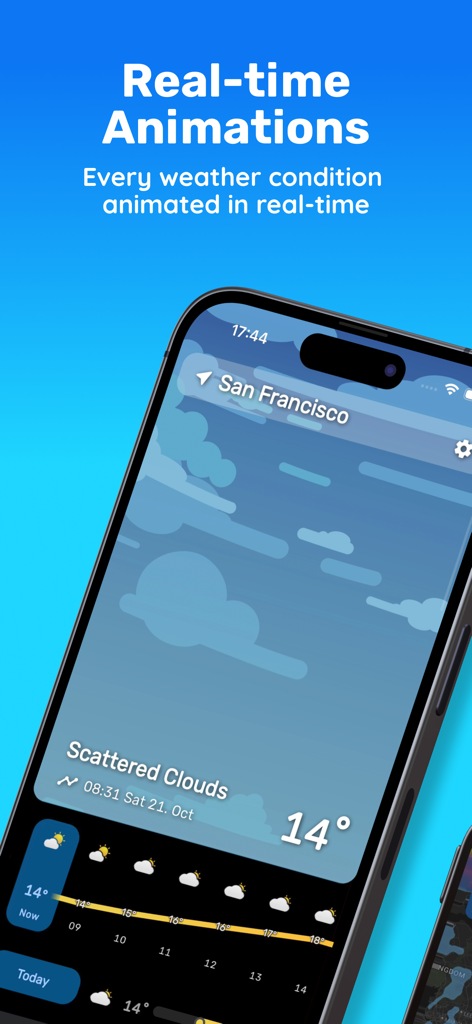 Yawa app interface on a smartphone showing real-time animated weather and hourly forecast for San Francisco