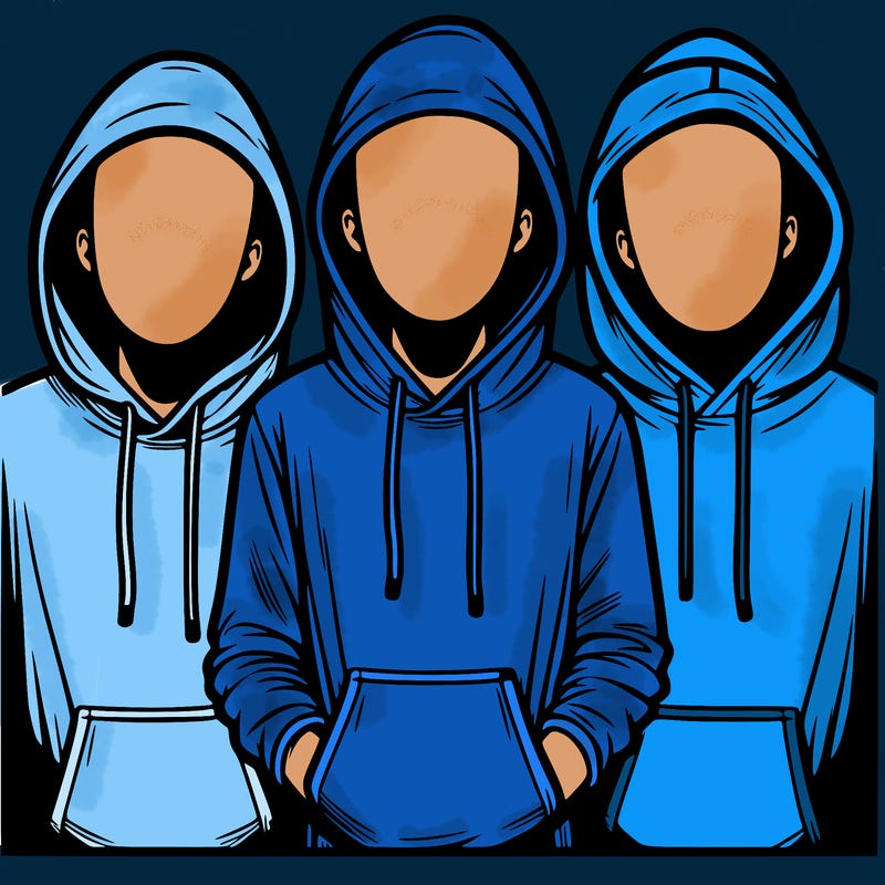 3 faceless people in  hoodies