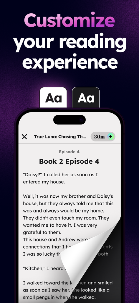 Smartphone screen showing the FreeFM app reading interface with text from a novel and buttons to customize font and text size