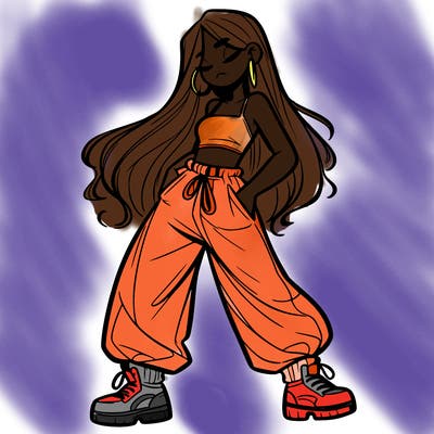 girl in baggy pants crop top and long hair