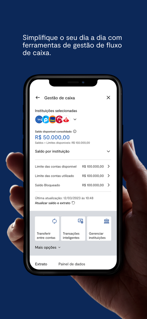 Tela de smartphone mostrando a ferramenta de gestão de fluxo de caixa no aplicativo BTG Pactual Empresas.