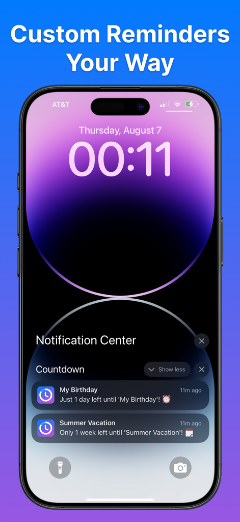 Countdown Widget • - Pantalla de bloqueo de iPhone que muestra dos notificaciones estéticas de cuenta regresiva para un cumpleaños y unas vacaciones de verano.