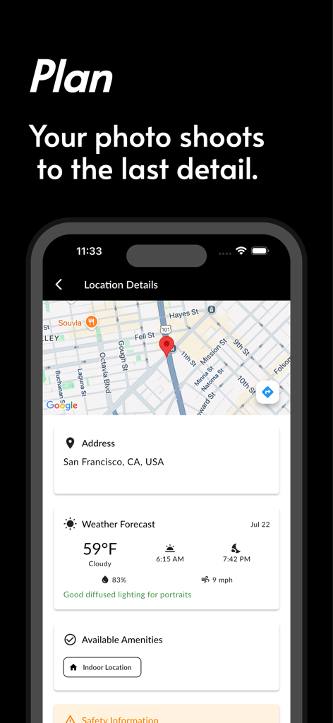 Pro Photo Shoot - Pro Photo Shoot app screen showing location planning with map and weather details