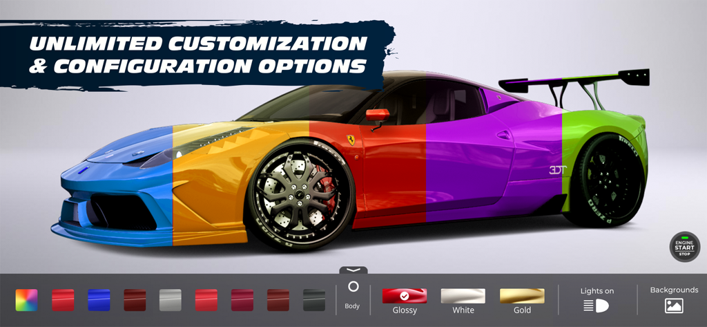 Sports car with multiple color bands showing customization options in 3DTuning