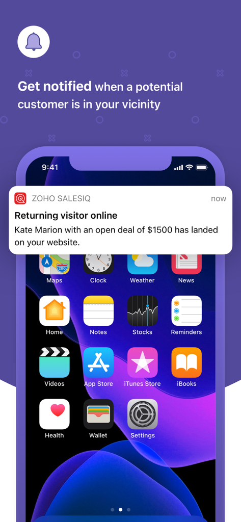 Zoho SalesIQ - Live Chat App - Notificación de la aplicación móvil Zoho SalesIQ que muestra un visitante recurrente con una oferta de ventas activa