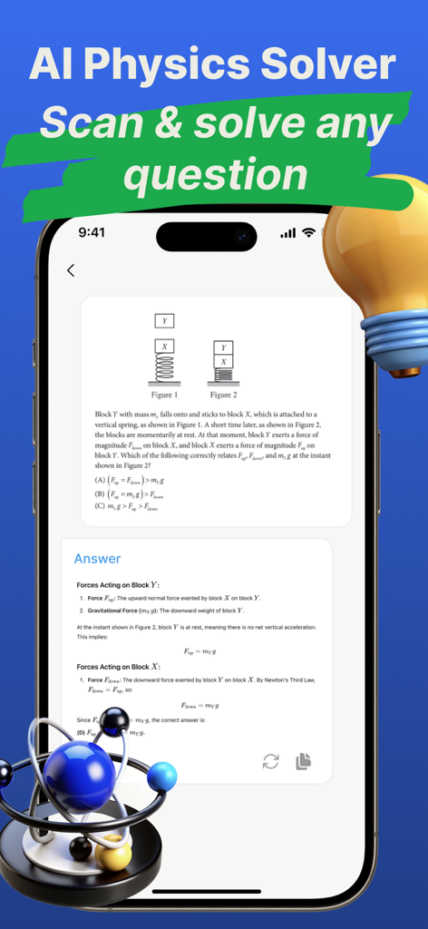 ai physics solver - AI Physics Solver app interface showing a scanned physics problem with detailed step-by-step solutions