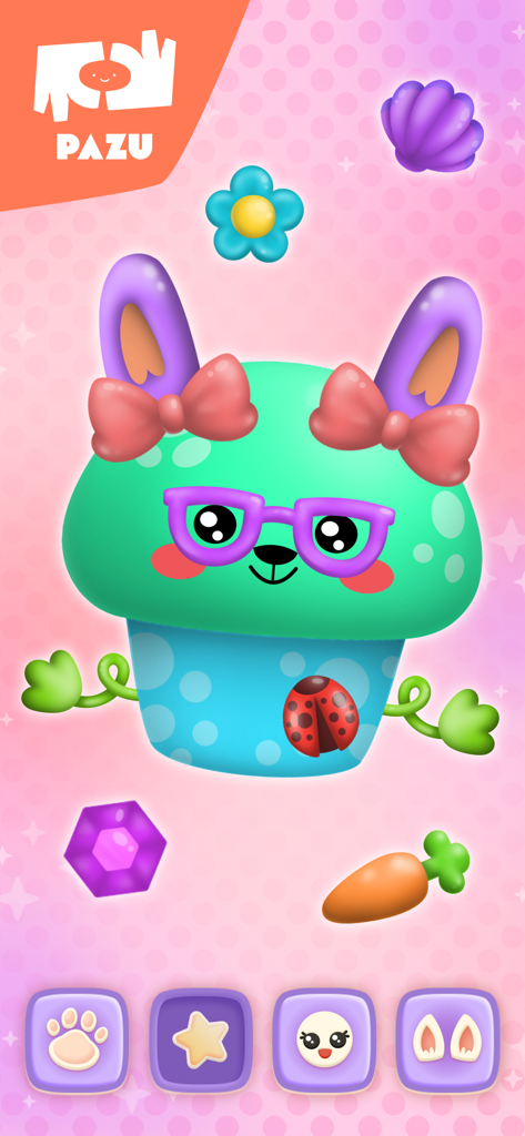 A cute teal bunny cupcake squishy with purple glasses and pink bows from the Squishy Maker game