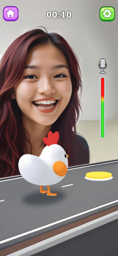 Una mujer jugando a un minijuego de pollo controlado por voz donde debe usar el sonido para mover un pollo de dibujos animados por un camino.