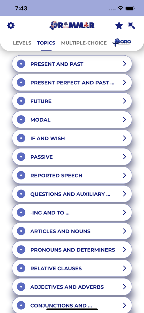 PORO - English Grammar - A menu in the PORO English Grammar app displaying various study topics such as tenses, modals, and passive voice.