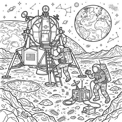 Embark on an extraordinary cosmic journey with this captivating Moon Landing coloring page. Explore the detailed scene of astronauts on the lunar surface, ready for your creative touch.