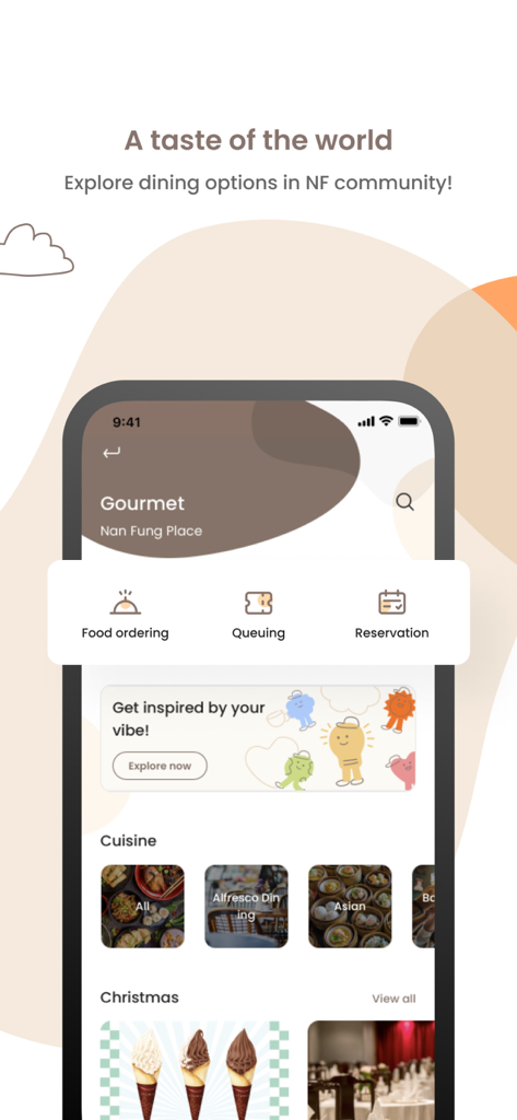 NF Touch - NF Touch app interface showing food ordering, queuing, and reservation options for restaurants
