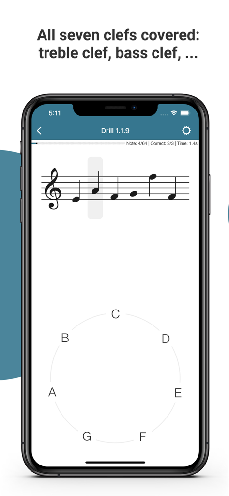 Complete Music Reading Trainer - Treble clef music reading drill featuring a circular note selection interface