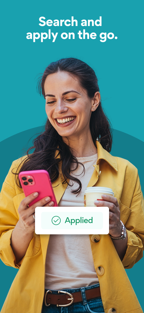 A smiling woman holding a smartphone with a job application confirmation badge on screen