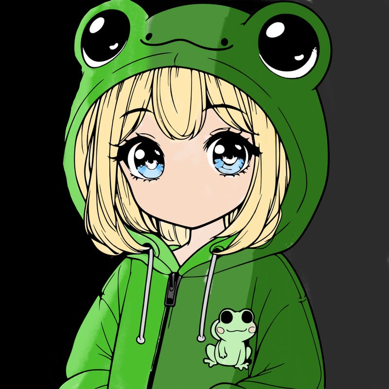 cute realistic girl in a froggy hoodie