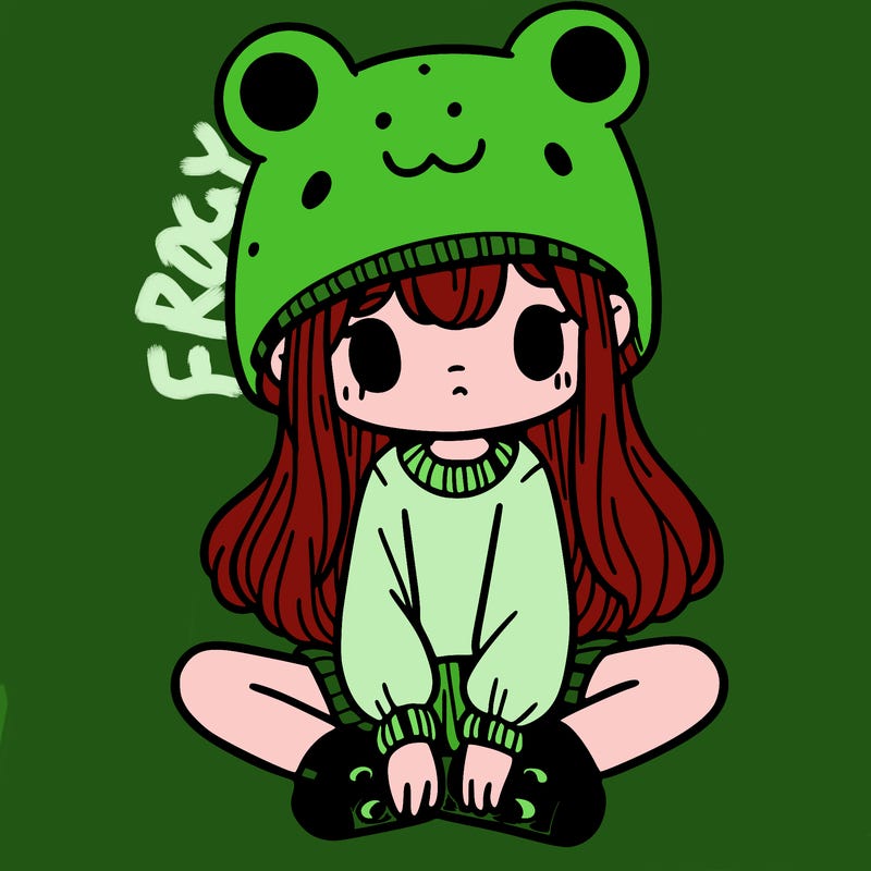 a girl wearing a frog hat and some frog socks