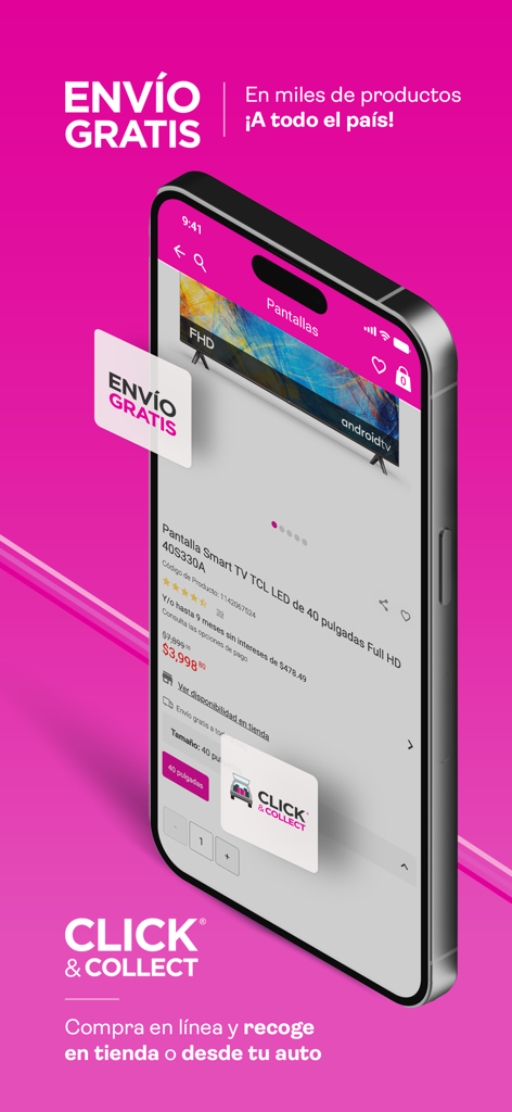 Liverpool app screenshot highlighting free shipping and click and collect services for a smart TV