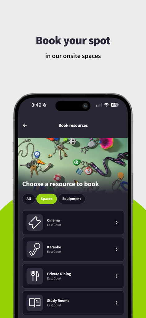 iQ Student Accommodation - Mobile app interface for booking onsite spaces like cinema karaoke and study rooms