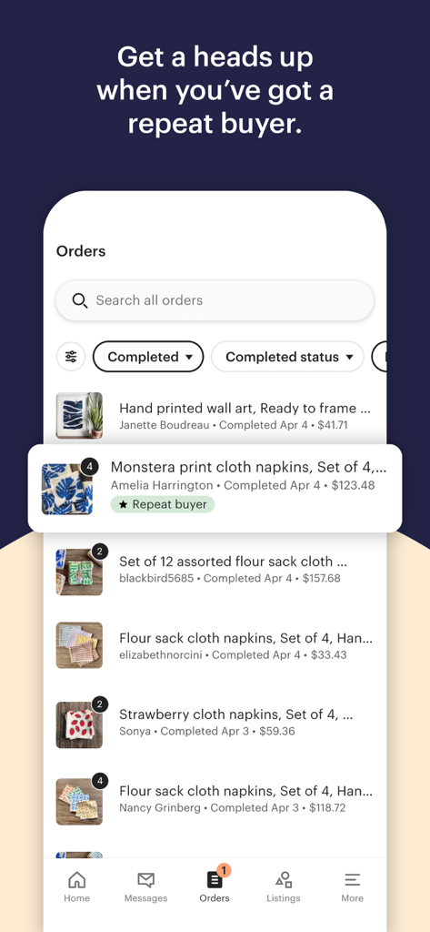 Etsy Seller: Manage Your Shop - Ein Screenshot der Bestellverwaltungsoberfläche der Etsy Verkäufer-App, der einen grünen "Wiederkehrender Käufer"-Tag auf einer bestimmten Bestellung hervorhebt.