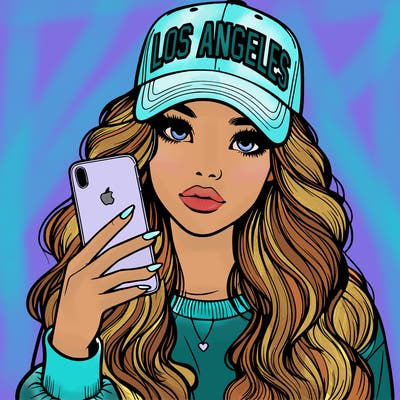 realistic beautiful girl wearing los ángeles cap holding an iphone