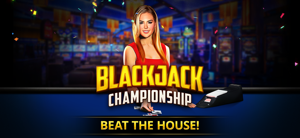 Blackjack Championship - Promotional banner for Blackjack Championship mobile game showing a dealer and casino floor with the slogan Beat the House