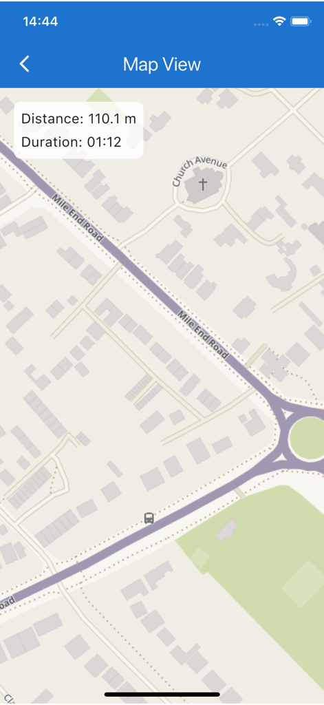 Vista de mapa de la aplicación de prueba de caminata de 6 minutos que muestra la distancia y duración de la caminata en un mapa de calles