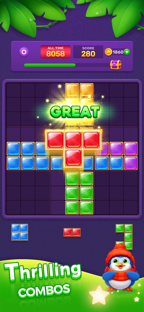 Una pantalla de juego de Block Puzzle Jewel Blast mostrando una cuadrícula de 9x9 con coloridos bloques de gemas, un mensaje de "Genial" y una linda mascota pingüino.