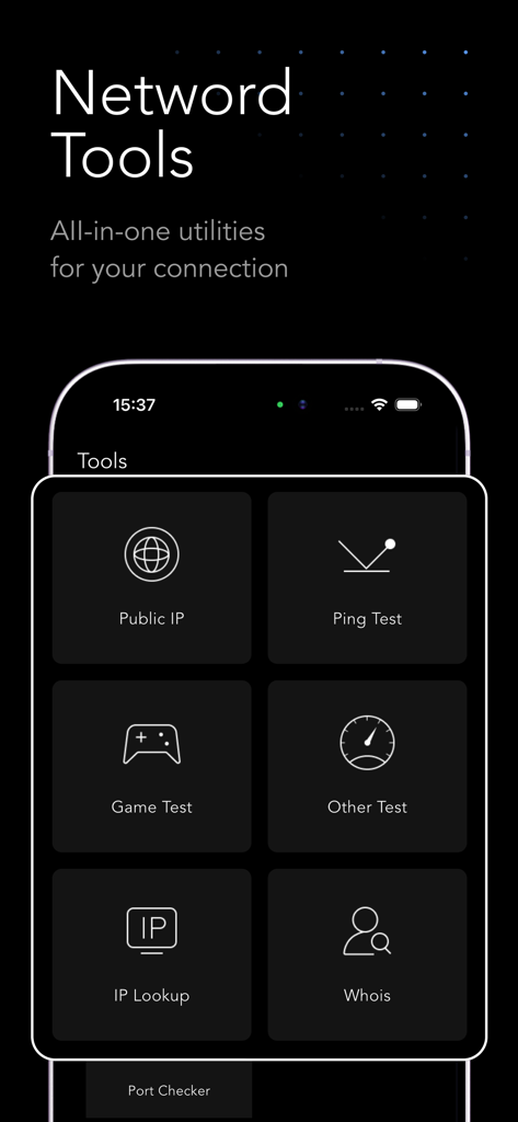 Internet Speed Test Master App - The Network Tools interface of the Internet Speed Test Master App featuring diagnostic options like Public IP, Ping Test, and Game Test.