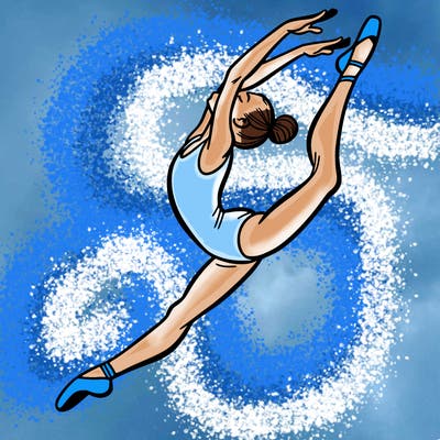 gymnast doing a leap in a leotard with a bent back leg