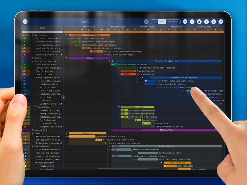 A person using touch gestures to manage a detailed Gantt chart on the QuickPlan Basic project planning app for iPad.
