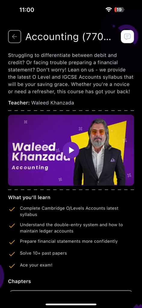 IVY Online - Learning Platform - IVY Online app screen showing O Level Accounting course details and instructor information