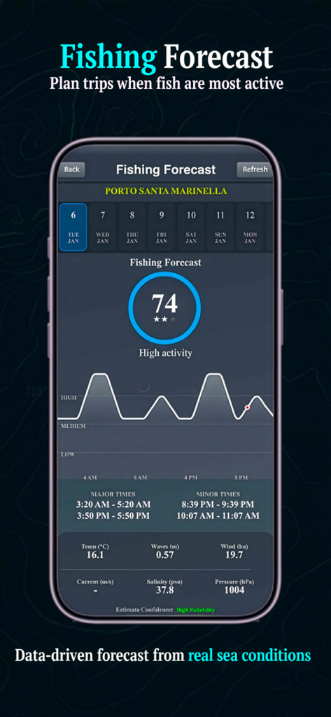 Marine Navigation App mit Angelaktivitätsvorhersage und Seebedingungen