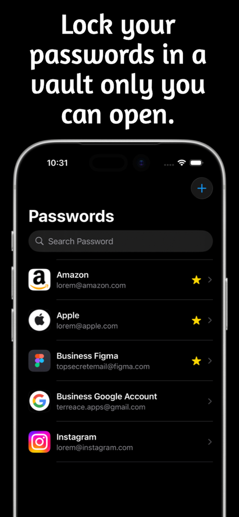 KeyCave: Your Password Manager - Interfaz de la aplicación KeyCave que muestra una lista de contraseñas cifradas para varias cuentas en línea