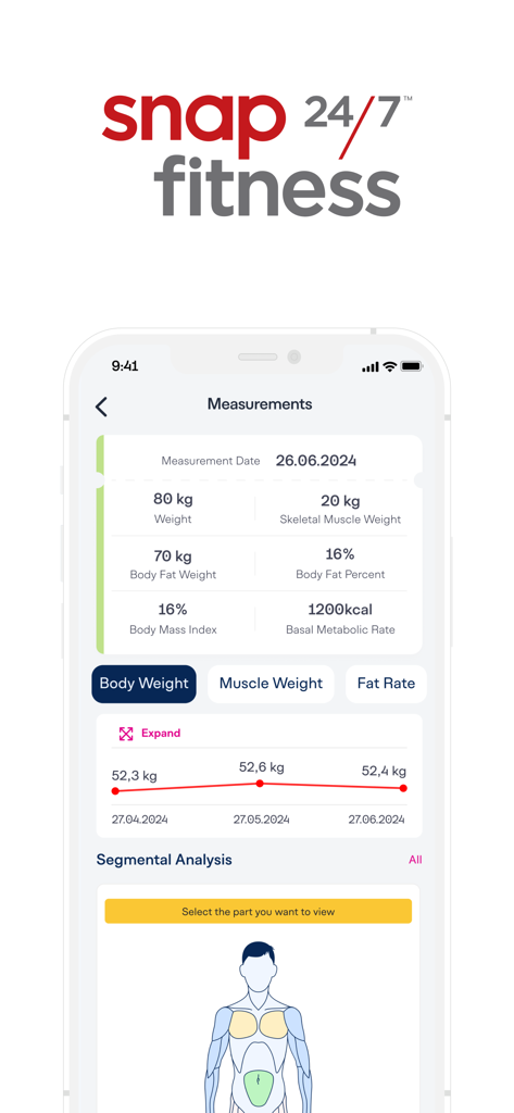 Snap Fitness - Snap Fitness 앱 측정 화면으로 체중, 근육 및 체지방 추적 표시