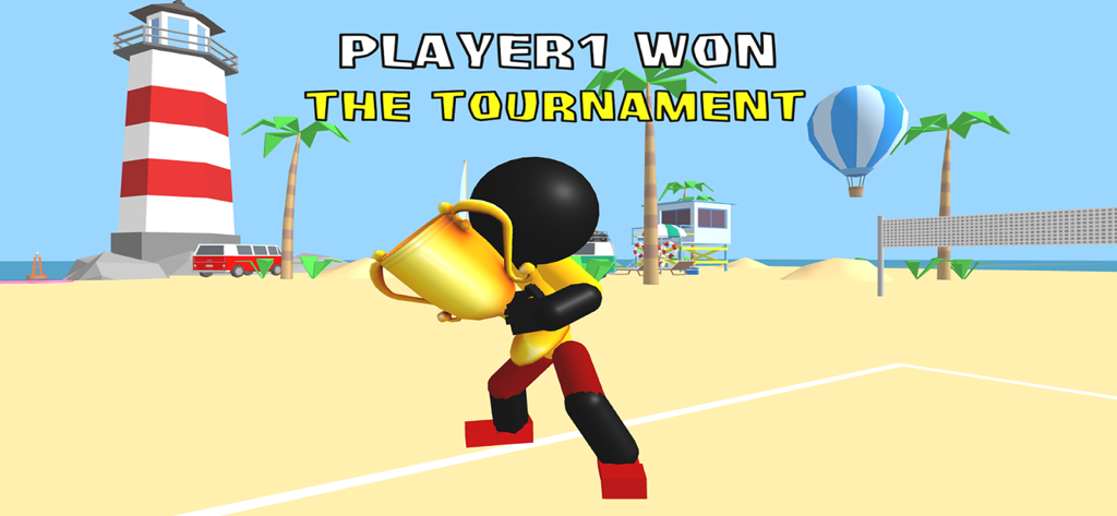 Stickman Beach Volleyball - A 3D stickman character holding a gold trophy on a beach with the text Player 1 won the tournament