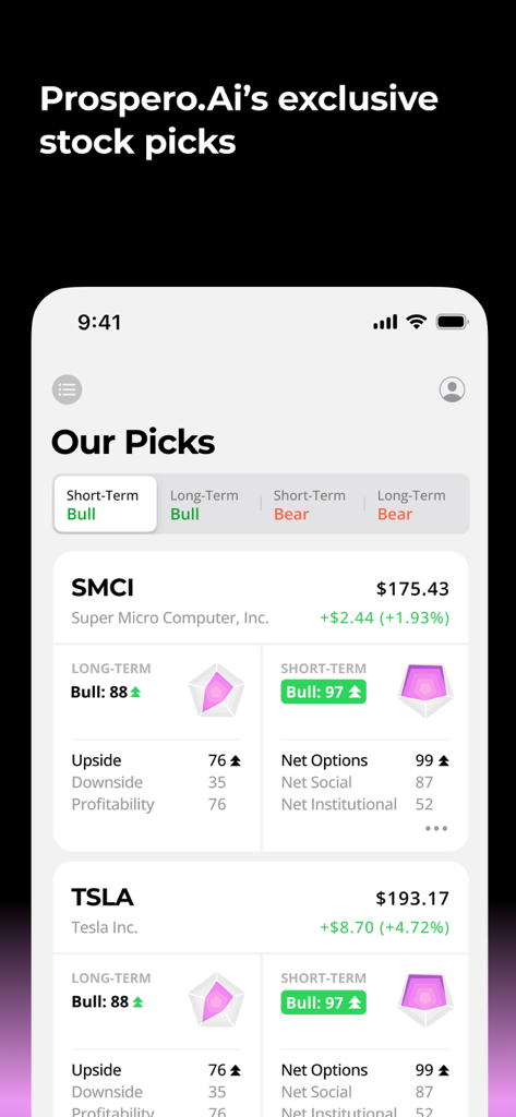 Prospero.Ai - AI Stock Trading - Prospero.Ai app interface showing exclusive AI stock picks and performance signals for SMCI and TSLA