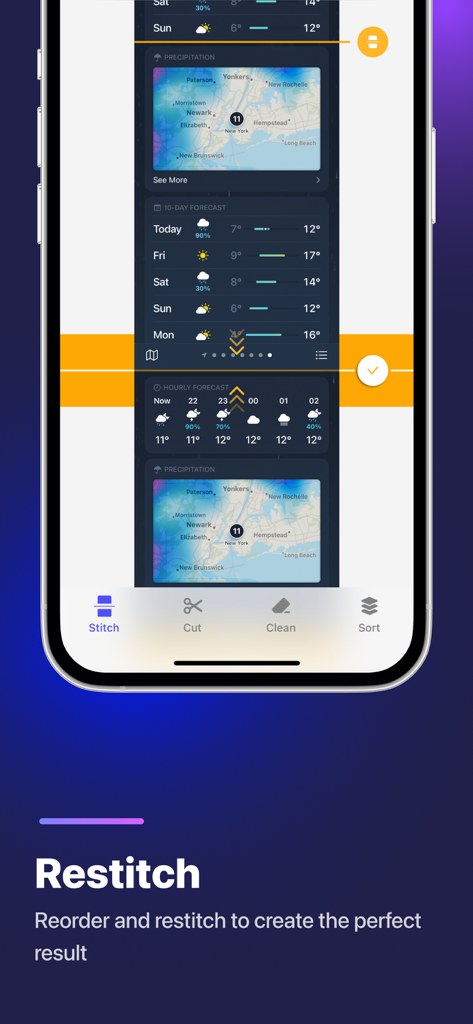 Stitch Photos - iPhone screen showing the restitch tool to reorder and merge multiple screenshots into one image