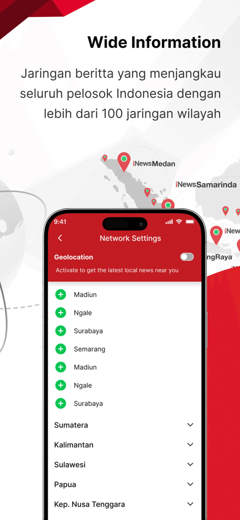 Mobile app interface for iNews.id showing regional news network settings and coverage across Indonesia.