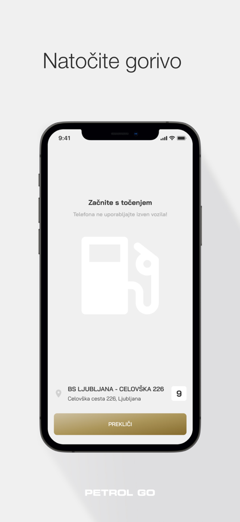 Petrol GO - Interfaz de la aplicación Petrol GO para iniciar una transacción de combustible desde el interior de un vehículo