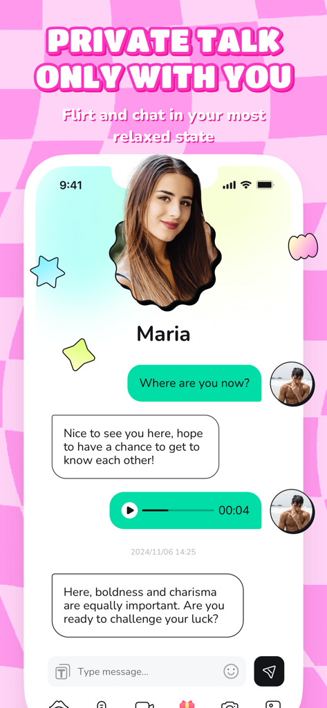 Interface of the Bechill app showing a private chat with a female user named Maria.